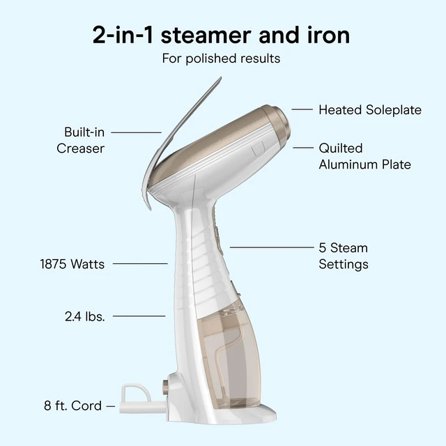 Alt view image 4 of 7 - Steamer for Clothes & Upholstery, Handheld, 3 Attachments, White | Powerful 1875W clothes steamer with 7.3 oz. water tank and 5 steam settings heats up in 40 seconds and runs for 20 minutes