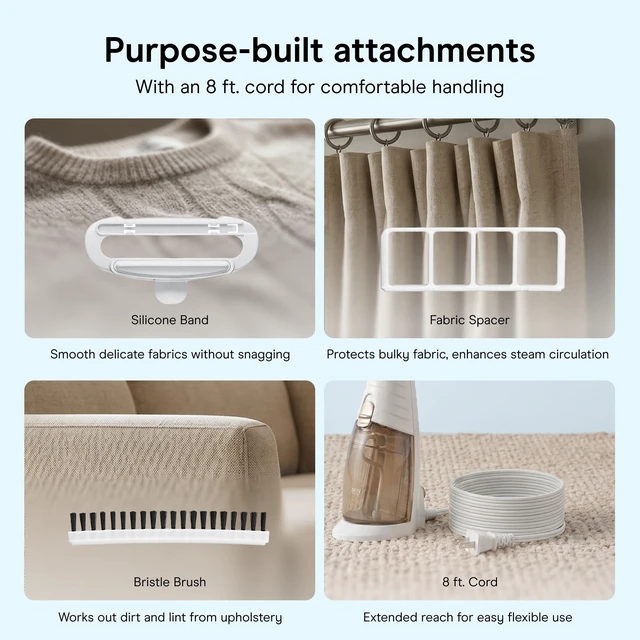 Alt view image 6 of 7 - Steamer for Clothes & Upholstery, Handheld, 3 Attachments, White | Powerful 1875W clothes steamer with 7.3 oz. water tank and 5 steam settings heats up in 40 seconds and runs for 20 minutes