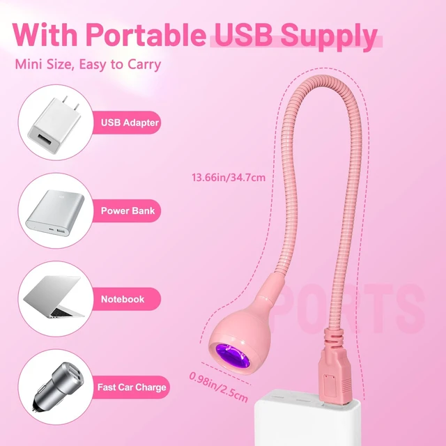 Alt view image 3 of 7 - 3W USB UV Nail Lamp with Flexible Gooseneck for Gel Nails, Pink | Plug and Play, Portable Nail Dryer for Gel Polish Curing, Nail Extensions, Professional Salons and Home DIY