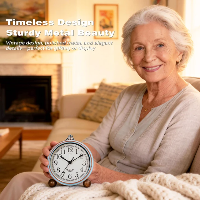 Alt view image 3 of 7 - 5.3" Vintage Metal Analog Alarm Clock, Retro Desk and Table Clock | Antique Battery Operated Clock with Light, Elegant Bedside Gift for Bedrooms, Living Rooms, Shellf and Home Decor(Light Blue)
