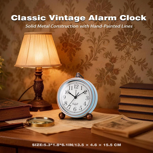 Alt view image 6 of 7 - 5.3" Vintage Metal Analog Alarm Clock, Retro Desk and Table Clock | Antique Battery Operated Clock with Light, Elegant Bedside Gift for Bedrooms, Living Rooms, Shellf and Home Decor(Light Blue)