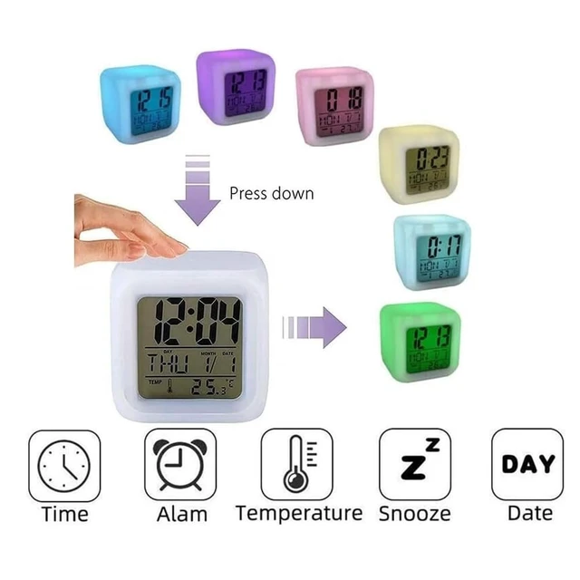 Alt view image 3 of 7 - Digital Alarm Clock with 7 Color Changing Night Light 3 Inch Cubic Wake Up Clock with Snooze, Date Display, Temperature Detect, 12/24H, Battery Operated, Easy to Set, Digital Calendar Alarm Clock