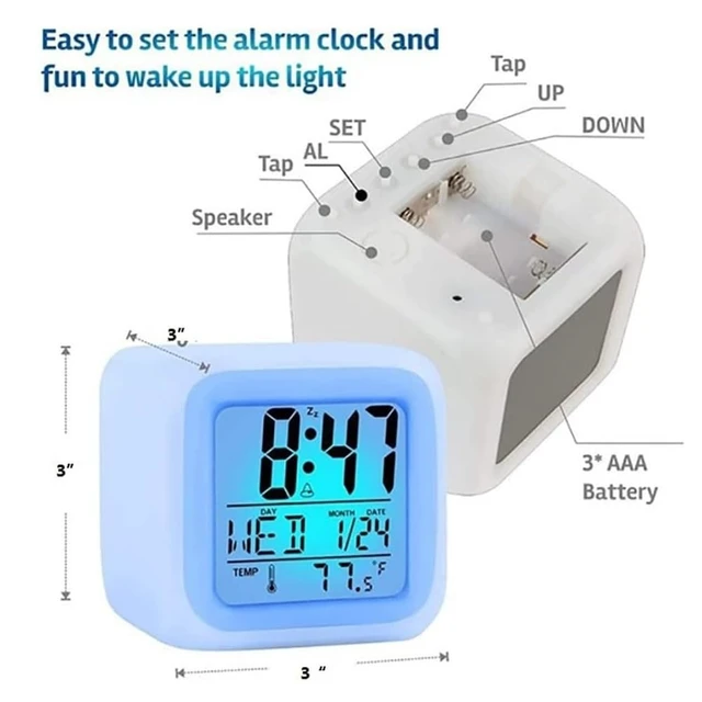 Alt view image 2 of 7 - Digital Alarm Clock with 7 Color Changing Night Light 3 Inch Cubic Wake Up Clock with Snooze, Date Display, Temperature Detect, 12/24H, Battery Operated, Easy to Set, Digital Calendar Alarm Clock