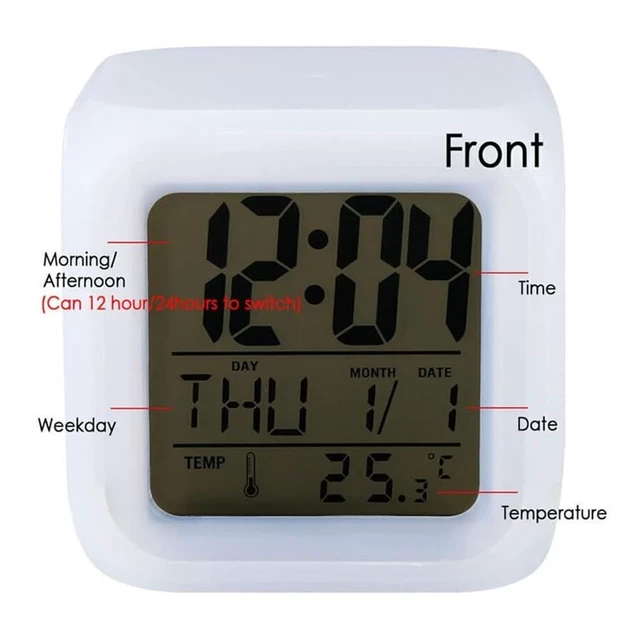 Alt view image 4 of 7 - Digital Alarm Clock with 7 Color Changing Night Light 3 Inch Cubic Wake Up Clock with Snooze, Date Display, Temperature Detect, 12/24H, Battery Operated, Easy to Set, Digital Calendar Alarm Clock