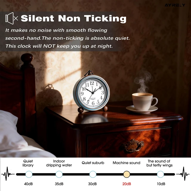 Alt view image 5 of 7 - 5.3" Vintage Metal Analog Alarm Clock, Retro Desk and Table Clock | Antique Battery Operated Clock with Light, Elegant Bedside Gift for Bedrooms, Living Rooms, Shellf and Home Decor(Light Blue)