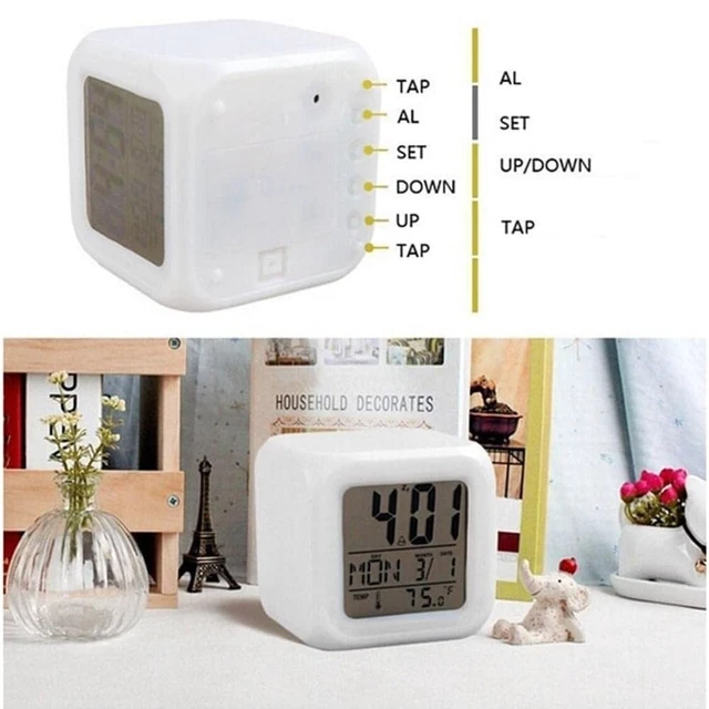 Alt view image 6 of 7 - Digital Alarm Clock with 7 Color Changing Night Light 3 Inch Cubic Wake Up Clock with Snooze, Date Display, Temperature Detect, 12/24H, Battery Operated, Easy to Set, Digital Calendar Alarm Clock