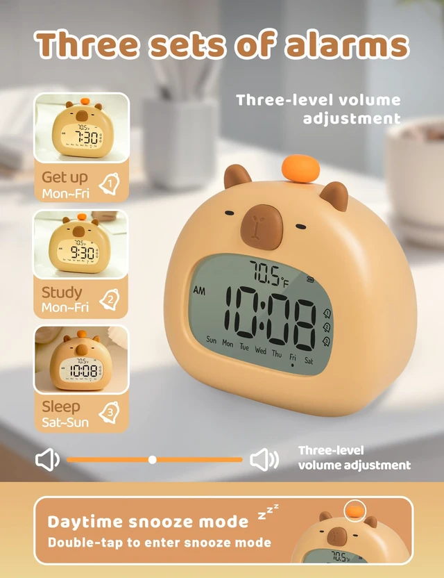 Alt view image 2 of 7 - Capybara Alarm Clock with Night Light, Digital Alarm Clock for Kids | Sleep Training Clock, Dimmable, 60-Minute Timer, 3 Alarm Settings, Bedroom Decor, Gifts for Kids, Rechargeable Bedside Clock