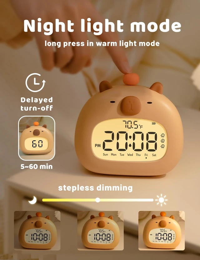 Alt view image 3 of 7 - Capybara Alarm Clock with Night Light, Digital Alarm Clock for Kids | Sleep Training Clock, Dimmable, 60-Minute Timer, 3 Alarm Settings, Bedroom Decor, Gifts for Kids, Rechargeable Bedside Clock