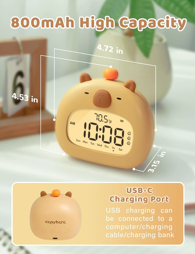 Alt view image 6 of 7 - Capybara Alarm Clock with Night Light, Digital Alarm Clock for Kids | Sleep Training Clock, Dimmable, 60-Minute Timer, 3 Alarm Settings, Bedroom Decor, Gifts for Kids, Rechargeable Bedside Clock