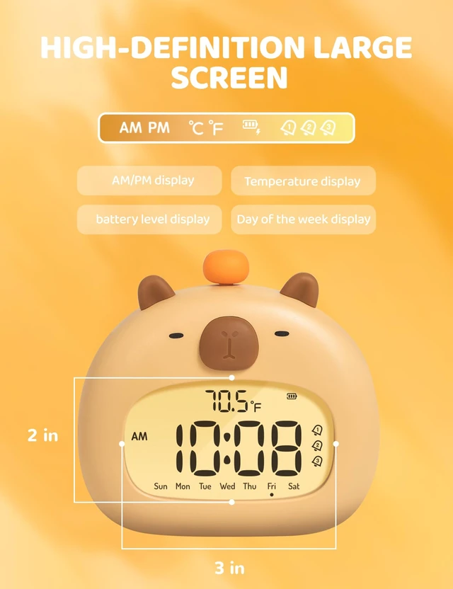 Alt view image 5 of 7 - Capybara Alarm Clock with Night Light, Digital Alarm Clock for Kids | Sleep Training Clock, Dimmable, 60-Minute Timer, 3 Alarm Settings, Bedroom Decor, Gifts for Kids, Rechargeable Bedside Clock