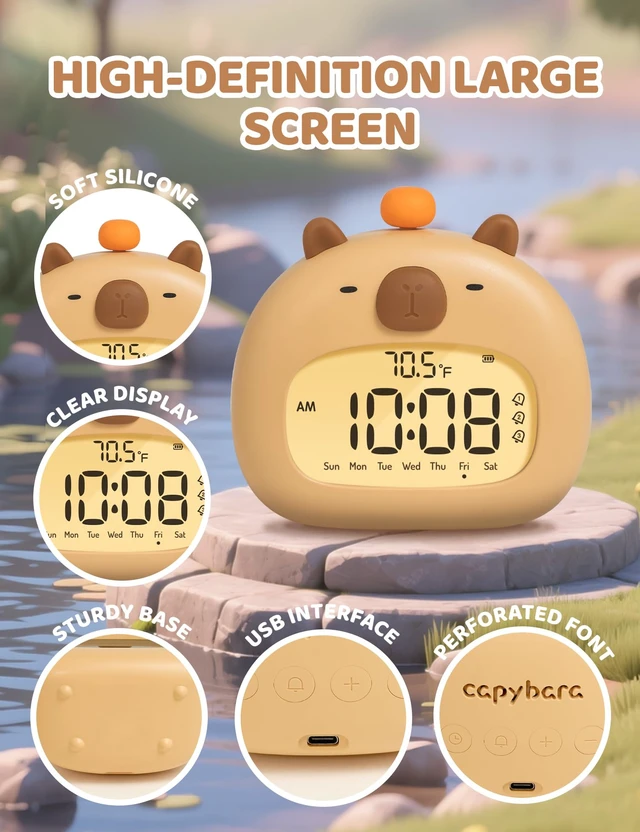 Alt view image 7 of 7 - Capybara Alarm Clock with Night Light, Digital Alarm Clock for Kids | Sleep Training Clock, Dimmable, 60-Minute Timer, 3 Alarm Settings, Bedroom Decor, Gifts for Kids, Rechargeable Bedside Clock