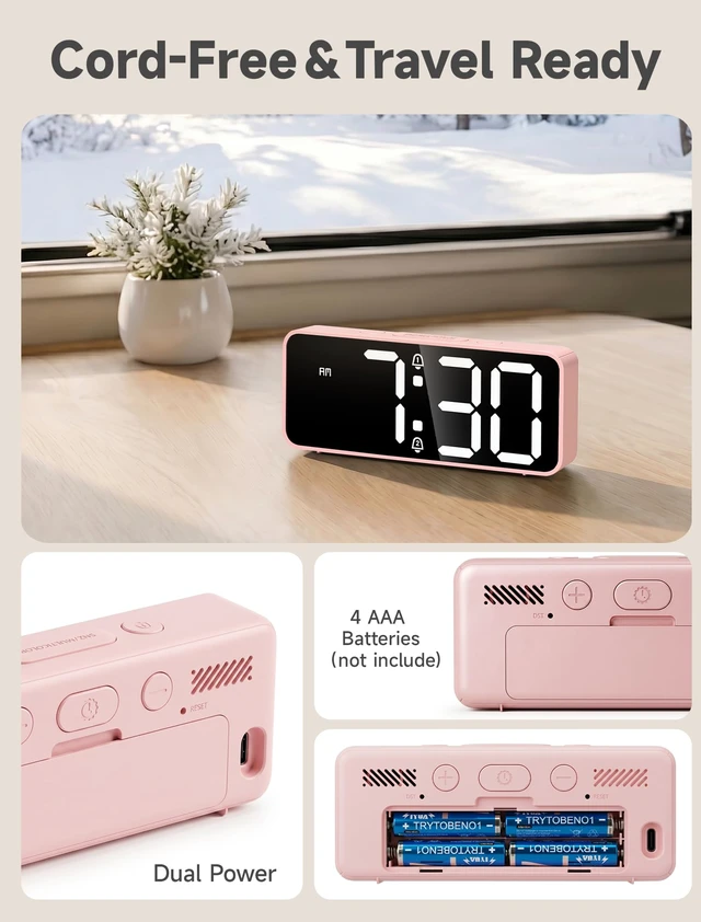 Alt view image 3 of 7 - Battery Operated Small Cute Digital Alarm Clock for Bedroom Cordless or Plug-in Birthday Gift for Girls Teens Women, Extra Loud 105dB LED Desk Clock, 2 Alarms, 5-Level Dimmer(Pink+White)