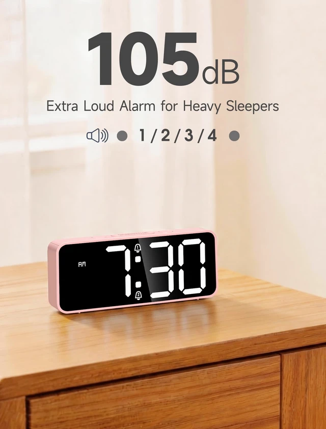 Alt view image 4 of 7 - Battery Operated Small Cute Digital Alarm Clock for Bedroom Cordless or Plug-in Birthday Gift for Girls Teens Women, Extra Loud 105dB LED Desk Clock, 2 Alarms, 5-Level Dimmer(Pink+White)