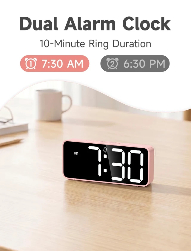 Alt view image 6 of 7 - Battery Operated Small Cute Digital Alarm Clock for Bedroom Cordless or Plug-in Birthday Gift for Girls Teens Women, Extra Loud 105dB LED Desk Clock, 2 Alarms, 5-Level Dimmer(Pink+White)