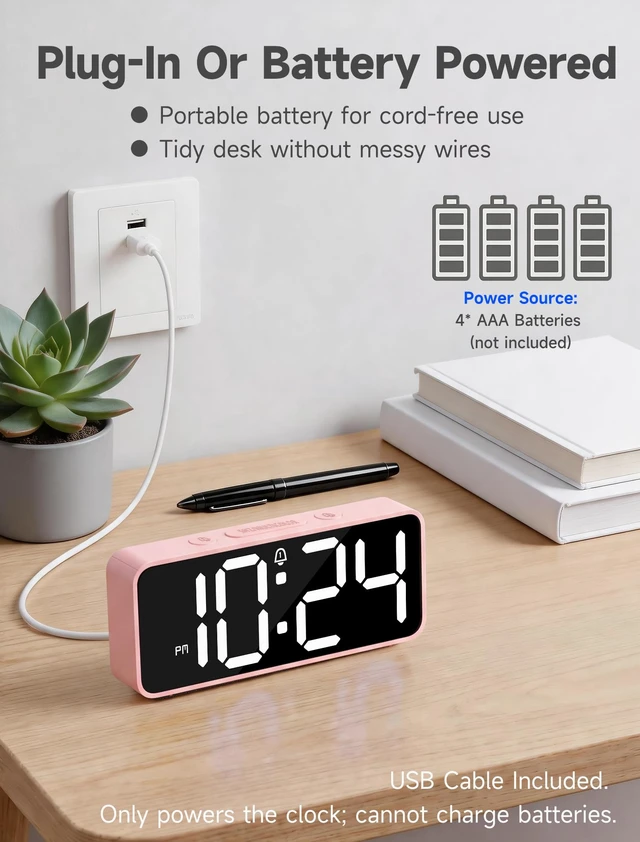 Alt view image 5 of 7 - Battery Operated Small Cute Digital Alarm Clock for Bedroom Cordless or Plug-in Birthday Gift for Girls Teens Women, Extra Loud 105dB LED Desk Clock, 2 Alarms, 5-Level Dimmer(Pink+White)