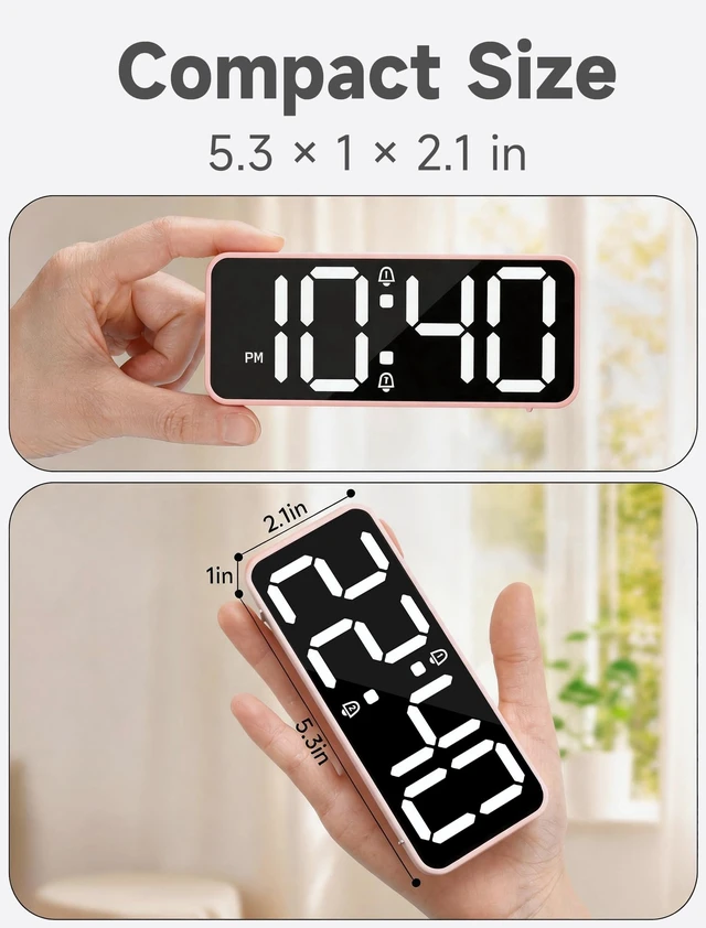 Alt view image 2 of 7 - Battery Operated Small Cute Digital Alarm Clock for Bedroom Cordless or Plug-in Birthday Gift for Girls Teens Women, Extra Loud 105dB LED Desk Clock, 2 Alarms, 5-Level Dimmer(Pink+White)