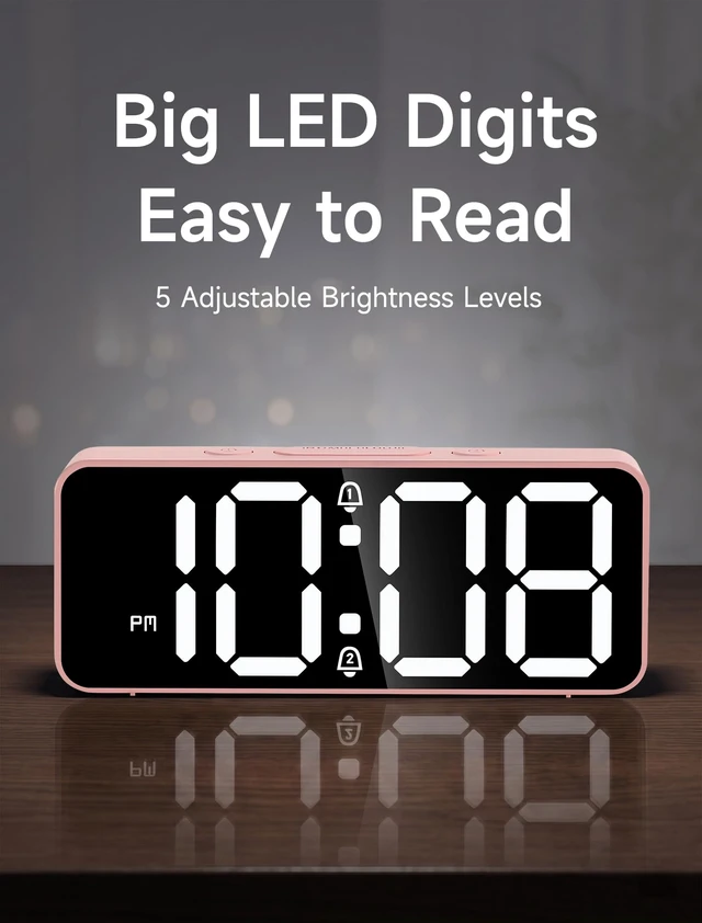 Alt view image 7 of 7 - Battery Operated Small Cute Digital Alarm Clock for Bedroom Cordless or Plug-in Birthday Gift for Girls Teens Women, Extra Loud 105dB LED Desk Clock, 2 Alarms, 5-Level Dimmer(Pink+White)
