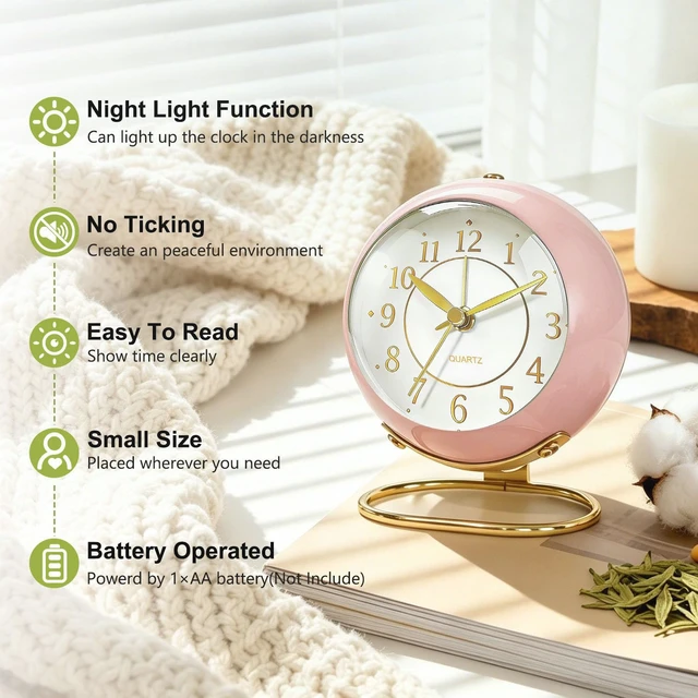 Alt view image 2 of 7 - Analog Alarm Clock, Small Retro Desk Clock with Night Light, Backlight Cute Simple Design, Silent Non-Ticking, Battery Powered, for Bedroom,Travel,Kitchen,Bedside Desktop Decor