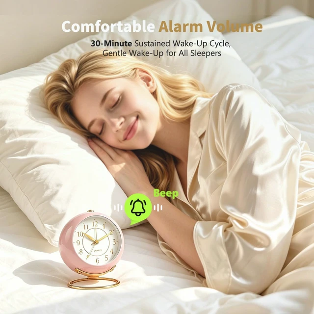 Alt view image 3 of 7 - Analog Alarm Clock, Small Retro Desk Clock with Night Light, Backlight Cute Simple Design, Silent Non-Ticking, Battery Powered, for Bedroom,Travel,Kitchen,Bedside Desktop Decor