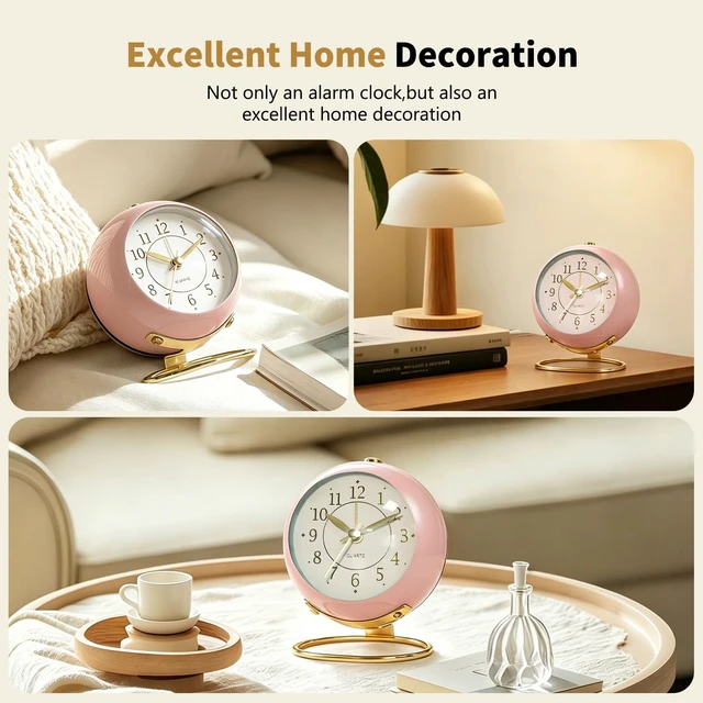 Alt view image 6 of 7 - Analog Alarm Clock, Small Retro Desk Clock with Night Light, Backlight Cute Simple Design, Silent Non-Ticking, Battery Powered, for Bedroom,Travel,Kitchen,Bedside Desktop Decor