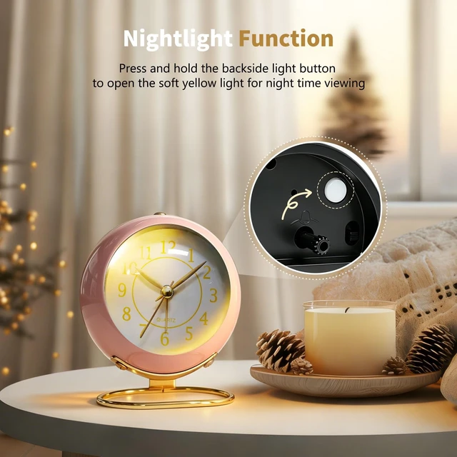 Alt view image 5 of 7 - Analog Alarm Clock, Small Retro Desk Clock with Night Light, Backlight Cute Simple Design, Silent Non-Ticking, Battery Powered, for Bedroom,Travel,Kitchen,Bedside Desktop Decor