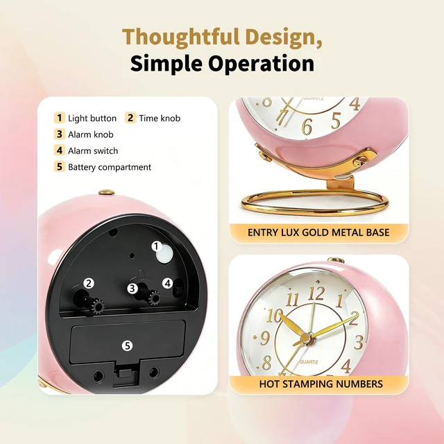 Alt view image 4 of 7 - Analog Alarm Clock, Small Retro Desk Clock with Night Light, Backlight Cute Simple Design, Silent Non-Ticking, Battery Powered, for Bedroom,Travel,Kitchen,Bedside Desktop Decor