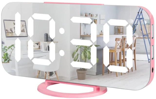 Main image of Pink Digital Alarm Clock for Girls, Large LED Mirror Desk Clock, 2 USB Charging Ports, Nightstand Table Aesthetic Sleek Clocks Decor for Bedroom Office, Pink