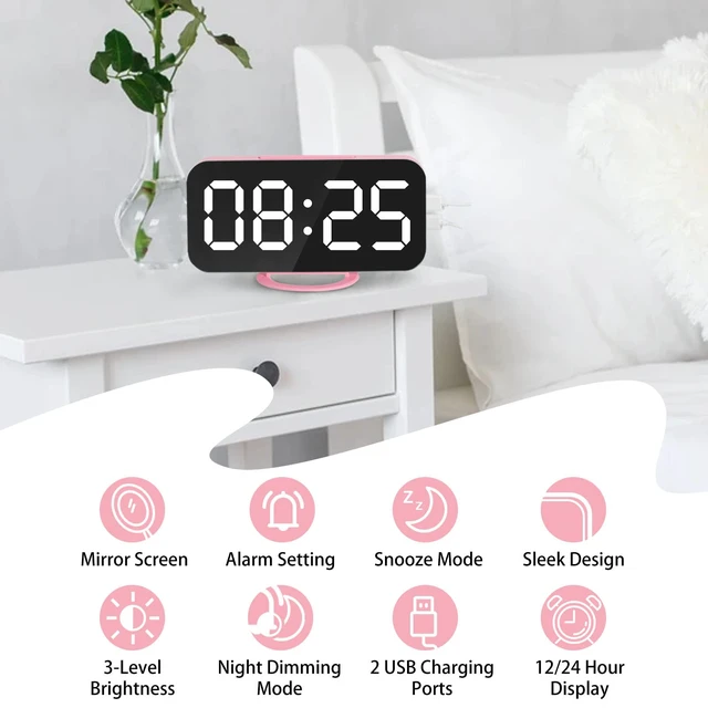 Alt view image 2 of 6 - Pink Digital Alarm Clock for Girls, Large LED Mirror Desk Clock, 2 USB Charging Ports, Nightstand Table Aesthetic Sleek Clocks Decor for Bedroom Office, Pink