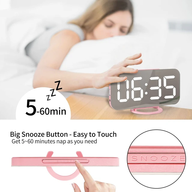 Alt view image 3 of 6 - Pink Digital Alarm Clock for Girls, Large LED Mirror Desk Clock, 2 USB Charging Ports, Nightstand Table Aesthetic Sleek Clocks Decor for Bedroom Office, Pink