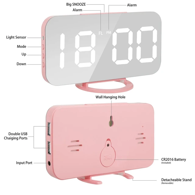 Alt view image 6 of 6 - Pink Digital Alarm Clock for Girls, Large LED Mirror Desk Clock, 2 USB Charging Ports, Nightstand Table Aesthetic Sleek Clocks Decor for Bedroom Office, Pink