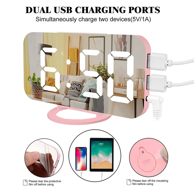 Alt view image 5 of 6 - Pink Digital Alarm Clock for Girls, Large LED Mirror Desk Clock, 2 USB Charging Ports, Nightstand Table Aesthetic Sleek Clocks Decor for Bedroom Office, Pink