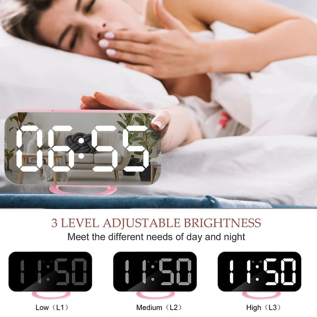 Alt view image 4 of 6 - Pink Digital Alarm Clock for Girls, Large LED Mirror Desk Clock, 2 USB Charging Ports, Nightstand Table Aesthetic Sleek Clocks Decor for Bedroom Office, Pink