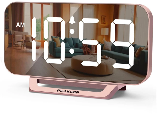 Main image of Slim Digital Mirror Aesthetic Alarm Clock for Bedrooms Desk Decor | Plug in Electric Big LED Modern Small Clock for Office Living Room, Battery Backup, 6 Dimmers (Rose Gold)