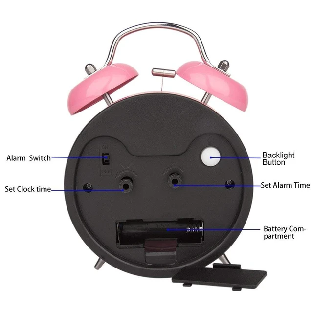 Alt view image 6 of 7 - 4 Inches Twin Bell Loud Alarm Clock for Heavy Sleepers | Backlight, Battery Operated Old Fashioned Alarm Clock for Bedrooms Kids' Room (3D-Dial, Pink)