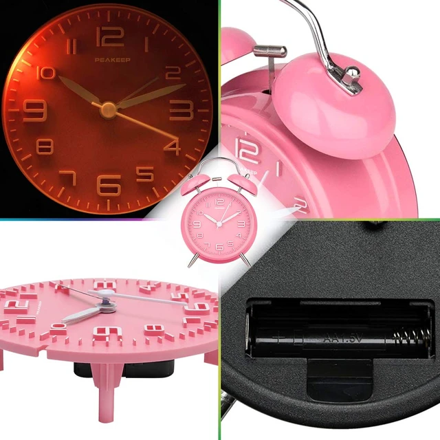 Alt view image 5 of 7 - 4 Inches Twin Bell Loud Alarm Clock for Heavy Sleepers | Backlight, Battery Operated Old Fashioned Alarm Clock for Bedrooms Kids' Room (3D-Dial, Pink)