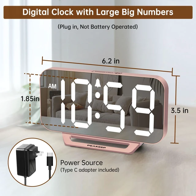 Alt view image 2 of 7 - Slim Digital Mirror Aesthetic Alarm Clock for Bedrooms Desk Decor | Plug in Electric Big LED Modern Small Clock for Office Living Room, Battery Backup, 6 Dimmers (Rose Gold)