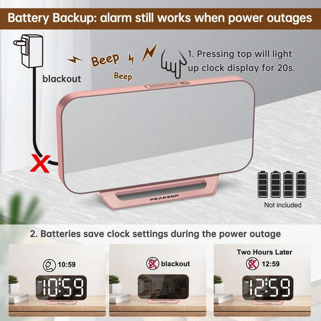 Alt view image 5 of 7 - Slim Digital Mirror Aesthetic Alarm Clock for Bedrooms Desk Decor | Plug in Electric Big LED Modern Small Clock for Office Living Room, Battery Backup, 6 Dimmers (Rose Gold)