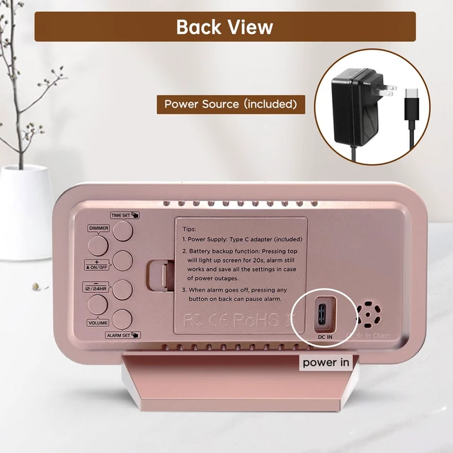 Alt view image 6 of 7 - Slim Digital Mirror Aesthetic Alarm Clock for Bedrooms Desk Decor | Plug in Electric Big LED Modern Small Clock for Office Living Room, Battery Backup, 6 Dimmers (Rose Gold)