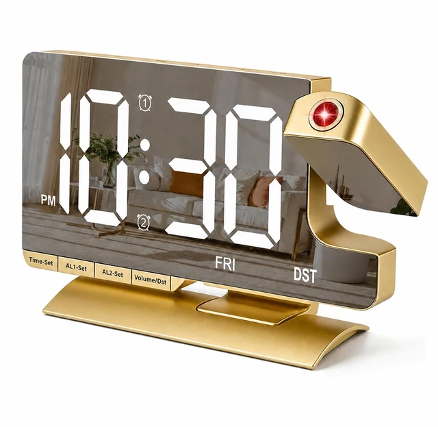 Main image of Projection Alarm Clock for Bedroom Ceiling, Gold Digital Clock Room Decor | Loud Alarm,Adjustable Brightness,7.3 inch Mirror Clock,Large LED Display, Charger Snooze DST Date 2 Alarms