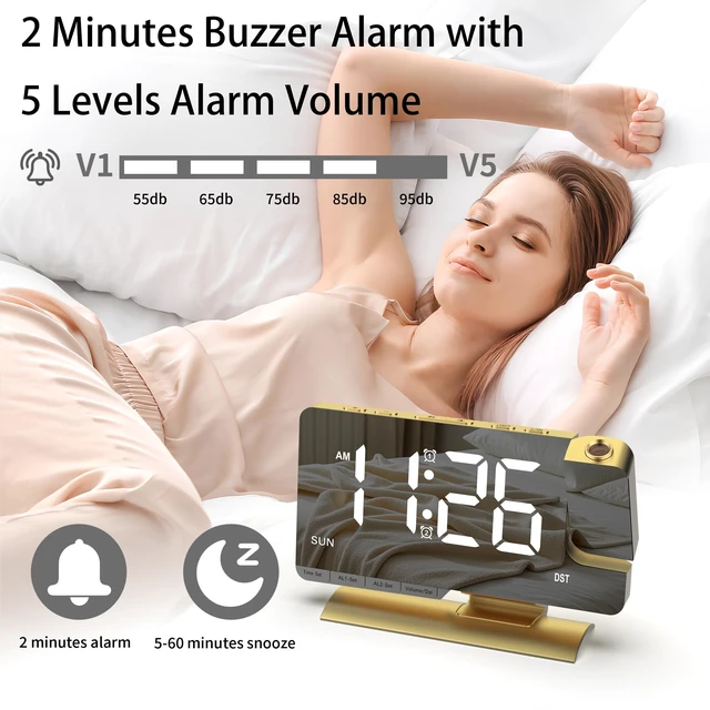 Alt view image 6 of 7 - Projection Alarm Clock for Bedroom Ceiling, Gold Digital Clock Room Decor | Loud Alarm,Adjustable Brightness,7.3 inch Mirror Clock,Large LED Display, Charger Snooze DST Date 2 Alarms