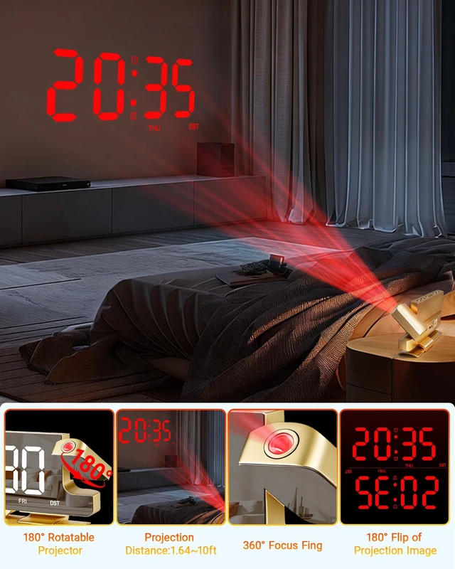 Alt view image 3 of 7 - Projection Alarm Clock for Bedroom Ceiling, Gold Digital Clock Room Decor | Loud Alarm,Adjustable Brightness,7.3 inch Mirror Clock,Large LED Display, Charger Snooze DST Date 2 Alarms