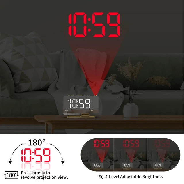 Alt view image 4 of 7 - Projection Alarm Clock for Bedroom Ceiling, Gold Digital Clock Room Decor | Loud Alarm,Adjustable Brightness,7.3 inch Mirror Clock,Large LED Display, Charger Snooze DST Date 2 Alarms