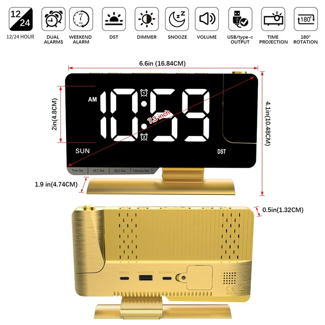 Alt view image 2 of 7 - Projection Alarm Clock for Bedroom Ceiling, Gold Digital Clock Room Decor | Loud Alarm,Adjustable Brightness,7.3 inch Mirror Clock,Large LED Display, Charger Snooze DST Date 2 Alarms