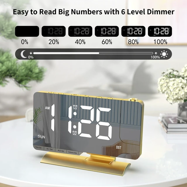 Alt view image 5 of 7 - Projection Alarm Clock for Bedroom Ceiling, Gold Digital Clock Room Decor | Loud Alarm,Adjustable Brightness,7.3 inch Mirror Clock,Large LED Display, Charger Snooze DST Date 2 Alarms