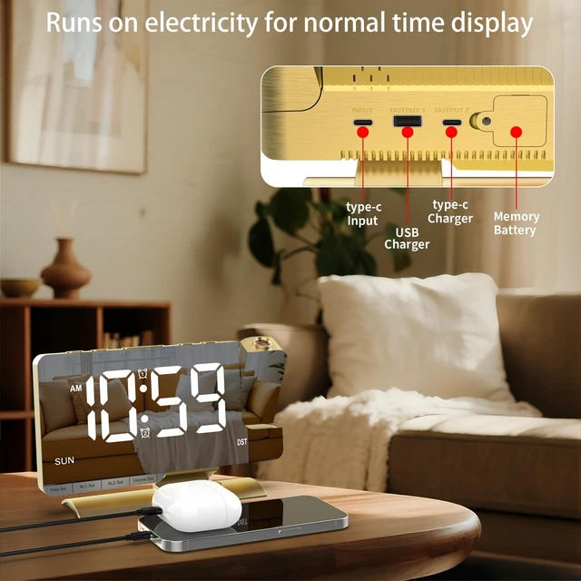 Alt view image 7 of 7 - Projection Alarm Clock for Bedroom Ceiling, Gold Digital Clock Room Decor | Loud Alarm,Adjustable Brightness,7.3 inch Mirror Clock,Large LED Display, Charger Snooze DST Date 2 Alarms