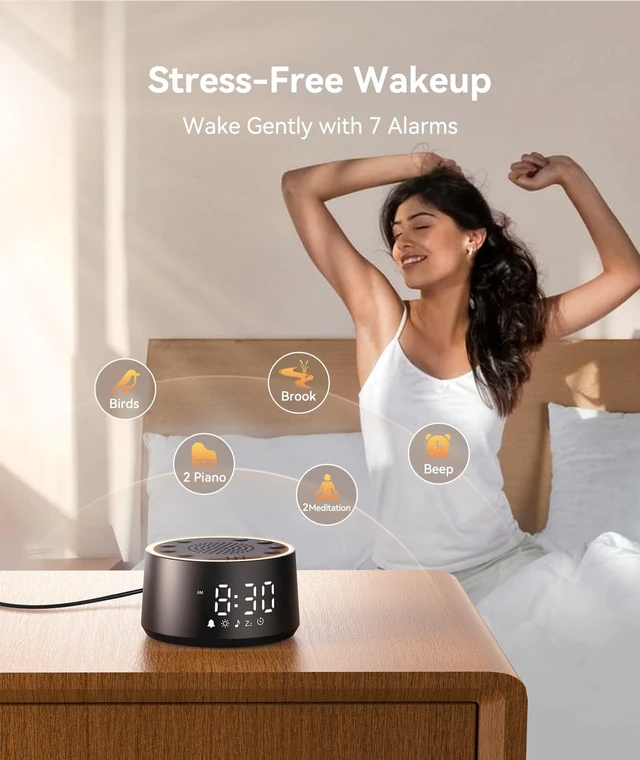 Alt view image 3 of 7 - D1 Nova Sound Machine Alarm Clock for Sleep, White Noise | 25 Sounds, 7 Gentle Alarms, 5-Level Dimmable Clock, 10-480 Min Timer, 10-Color Night Light, USB-C Plug-In