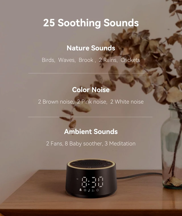 Alt view image 4 of 7 - D1 Nova Sound Machine Alarm Clock for Sleep, White Noise | 25 Sounds, 7 Gentle Alarms, 5-Level Dimmable Clock, 10-480 Min Timer, 10-Color Night Light, USB-C Plug-In