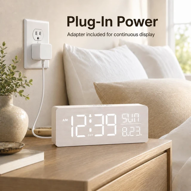 Alt view image 2 of 7 - Wooden Digital Alarm Clock Large Display, Textured Decoration | for Bedroom Living Room Desk Table, Electric Plug-in Clock Battery Backup with Time Date Day, 5 Brightness, Auto DST