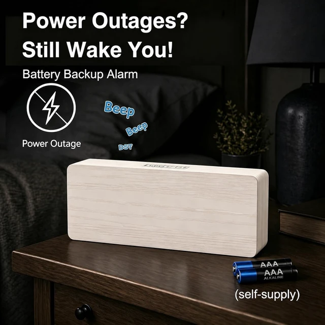 Alt view image 3 of 7 - Wooden Digital Alarm Clock Large Display, Textured Decoration | for Bedroom Living Room Desk Table, Electric Plug-in Clock Battery Backup with Time Date Day, 5 Brightness, Auto DST