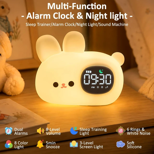 Alt view image 2 of 7 - Bunny Kids Alarm Clock with Night Light, OK to Wake Clock for Toddler | Cute Digital Clock for Bedroom Bedside, Dual Alarm, Multicolor Night Light, White Noise, Desk Clock Gift for Boys and Girls